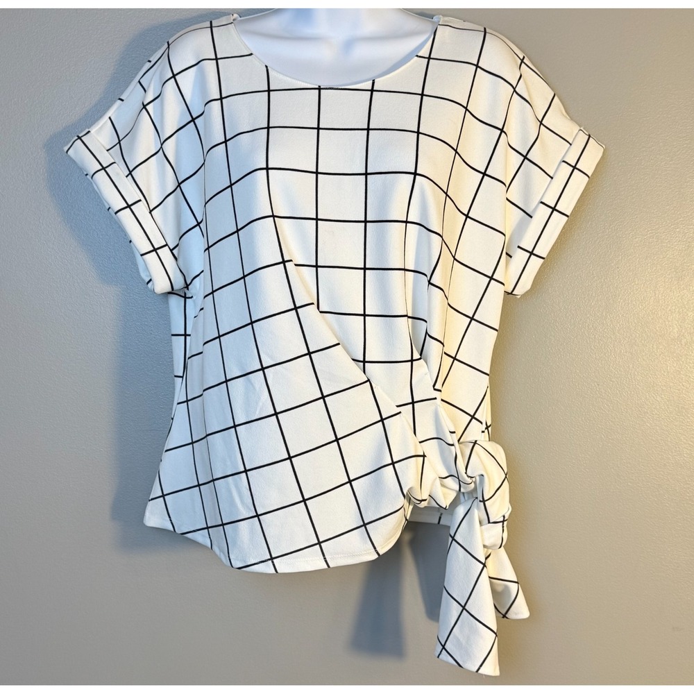 Melloday Windowpane Grid Tie Front Blouse White Black Size M